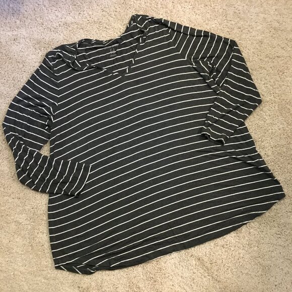 Grey and White Striped Long Sleeve Modern Relaxed Jersey V-Neck Tee - Picture 11 of 15